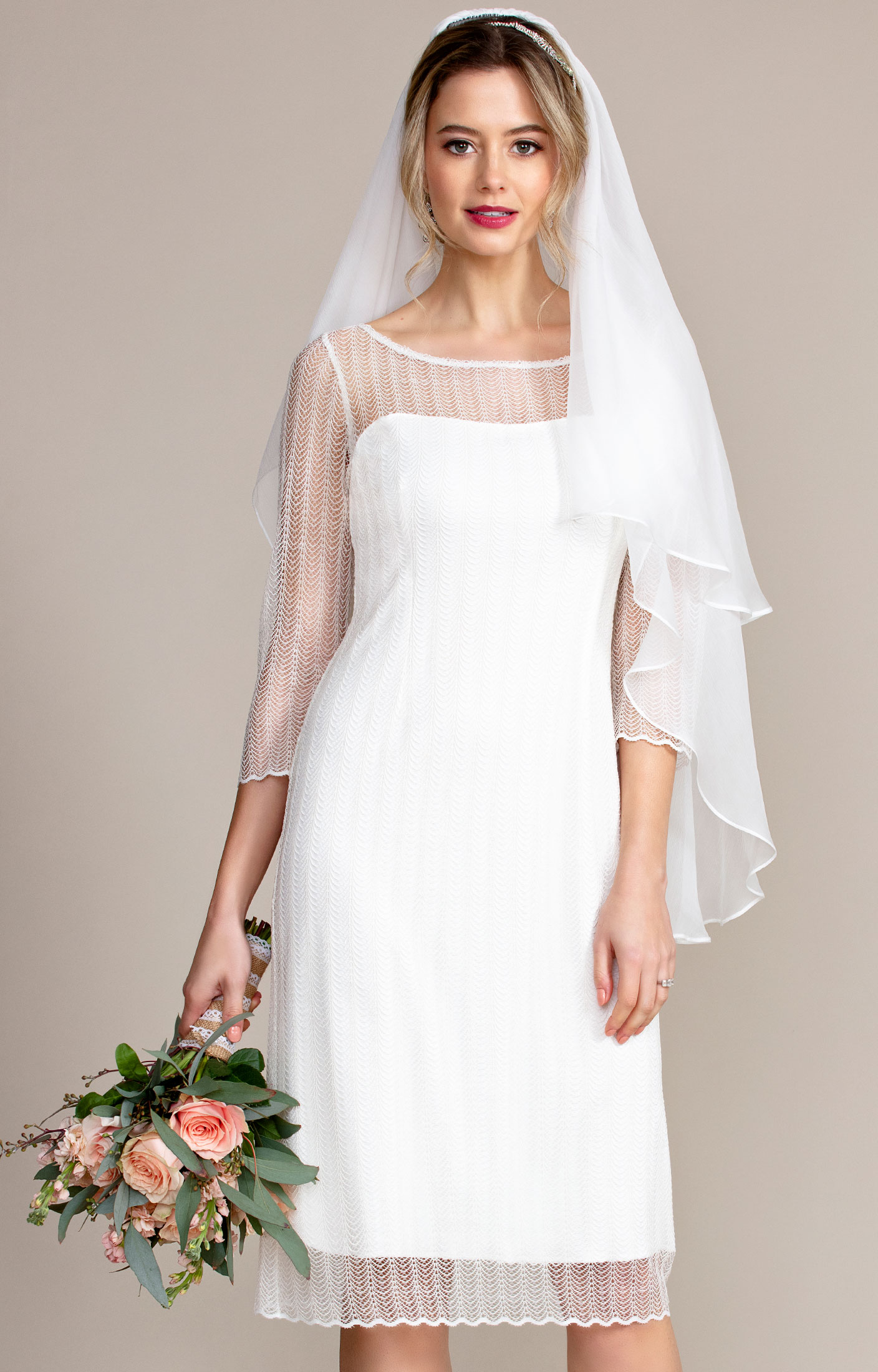 Woman in underwear and Sheath wedding dress. Stock Vector