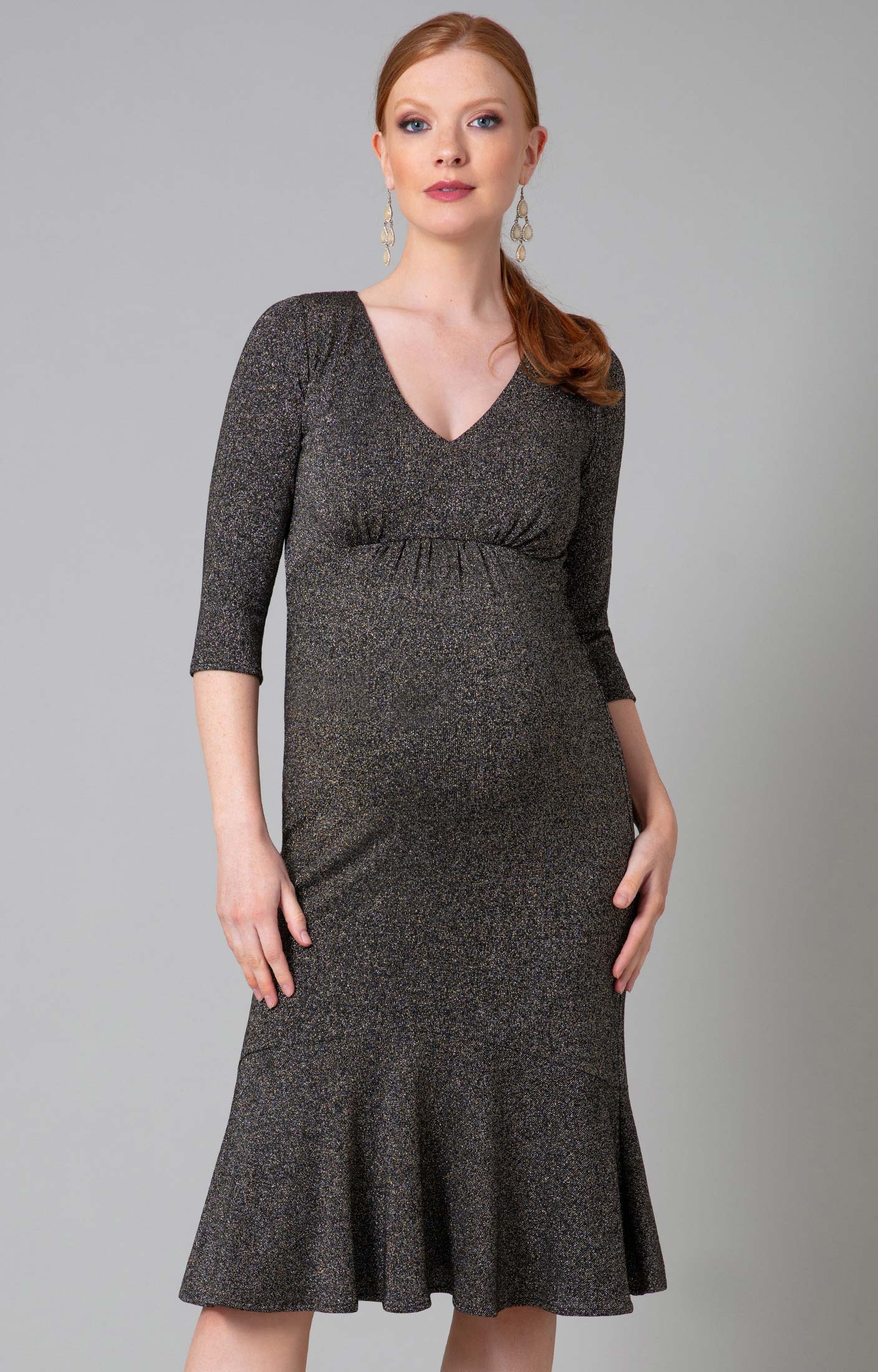 Isabella Long Maternity Gown with sleeves in Glitter Black