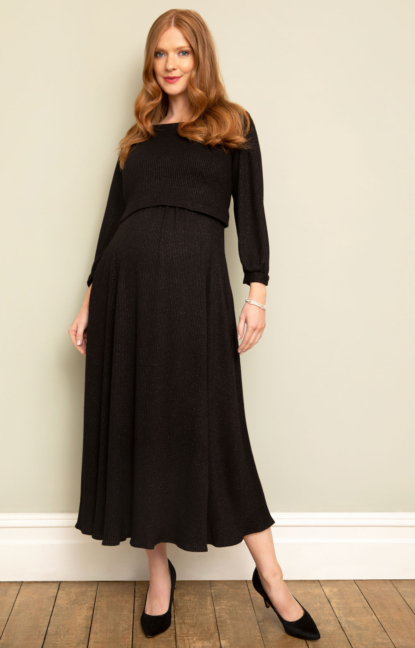 Ribbed Knit Maternity Full Sleeve Maxi Dress – Black