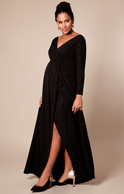 Isabella Long Maternity Gown with sleeves in Glitter Black by Tiffany Rose